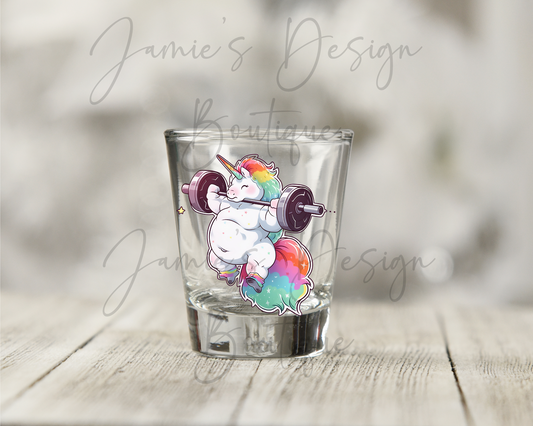 Single Decal UV DTF Exercise Unicorn Exclusive - Shot Glass